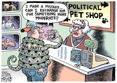 See? That's where he went wrong ... he should have gotten a cat. Cartoon by Rob Rogers, Pittsburgh Post-Gazette.